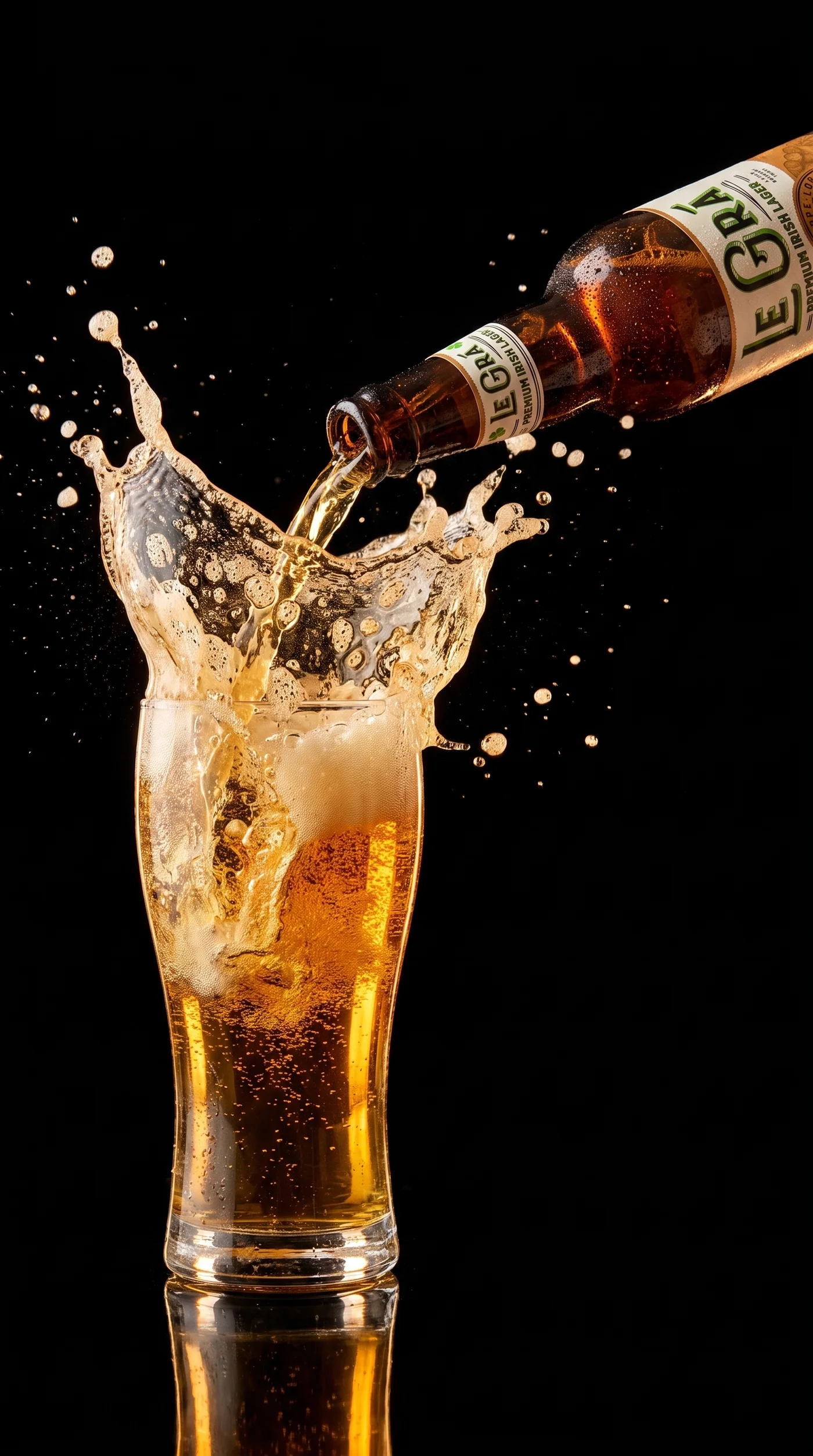 Le Grá Premium Irish Lager pouring into a glass with a dramatic splash