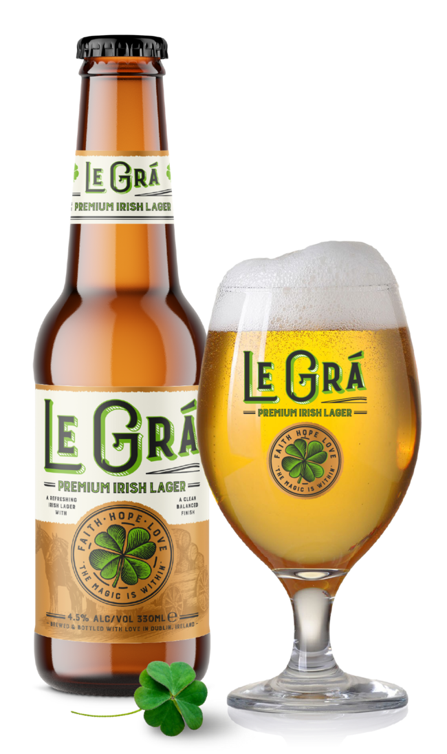 Le Grá Premium Irish Lager bottle and glass